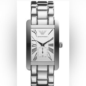 Emporio Armani Classic  Rectangular Stainless Steel Watch - Silver & White Mens